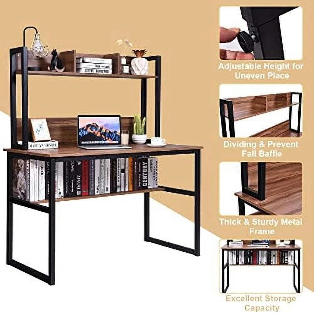 Light Walnut Computer Desk with Hutch and Bookshelves C797