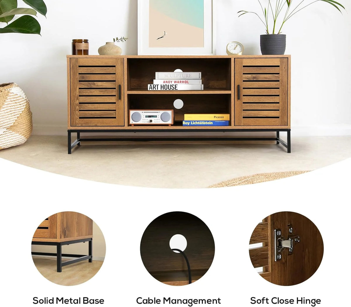 Mid-Century TV Console up to 55 Inch with Slatted Wood Doors B948