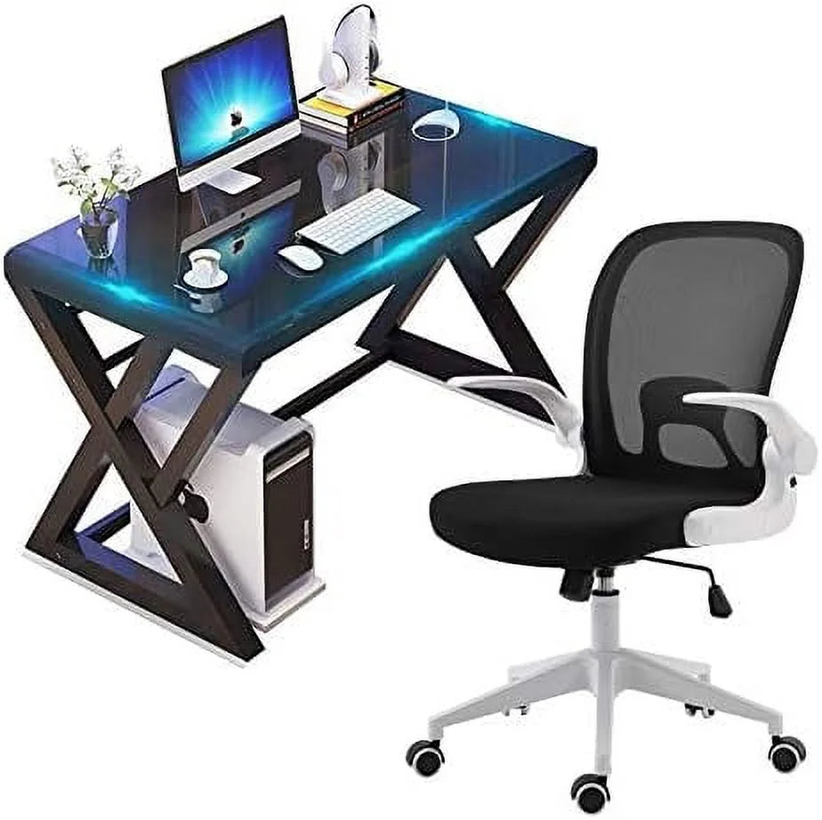 Home Office Desk and Chair Set Breathable Mesh Computer Chair Glass Top Desk Metal Frame O78234