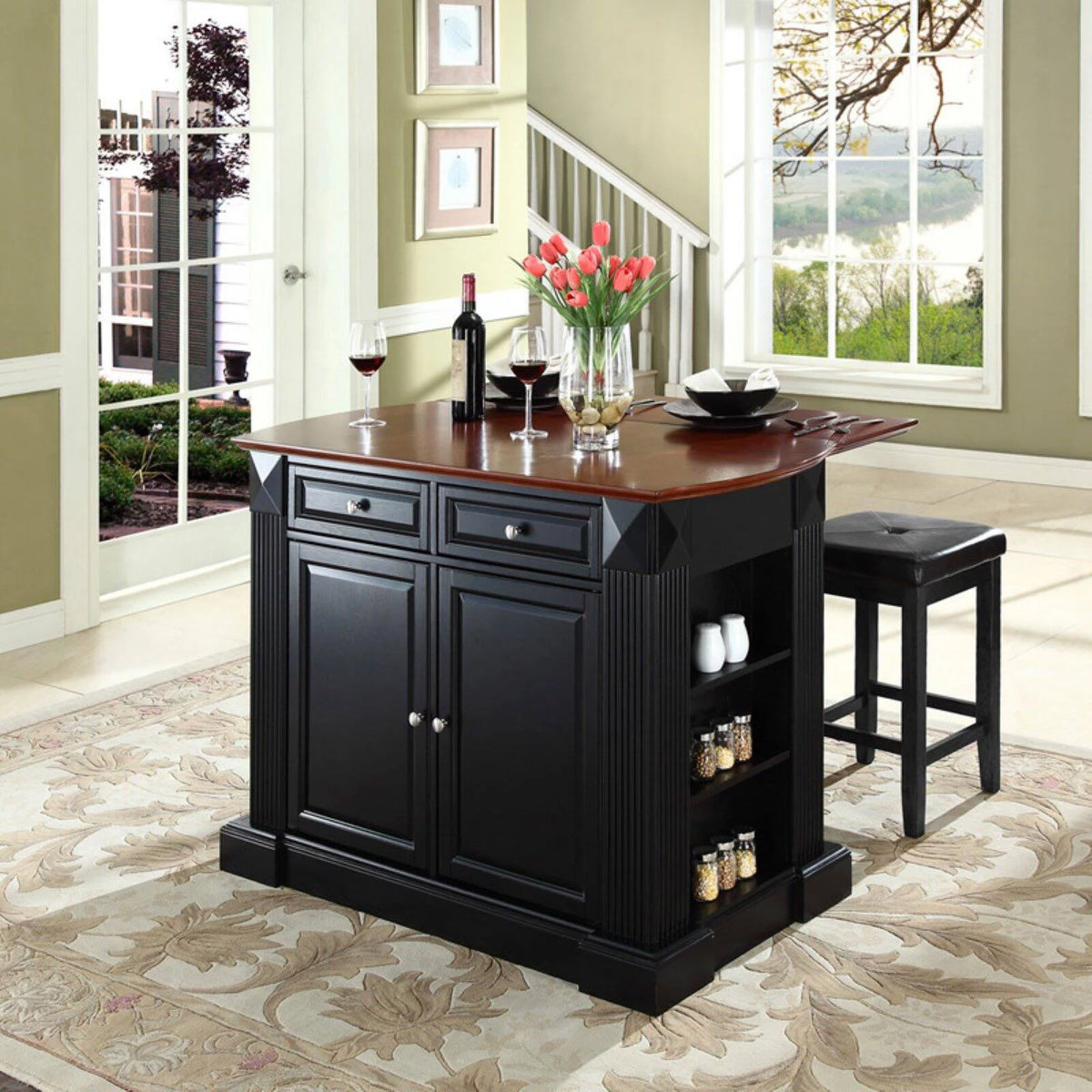 Drop Leaf Kitchen Island with Upholstered Square Seat Stools Y62615
