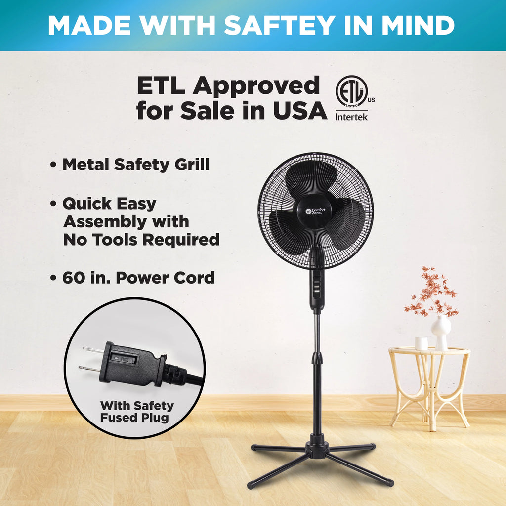 16” Oscillating Pedestal Fan, 3-speed, Adjustable Height and Tilt, Black K884