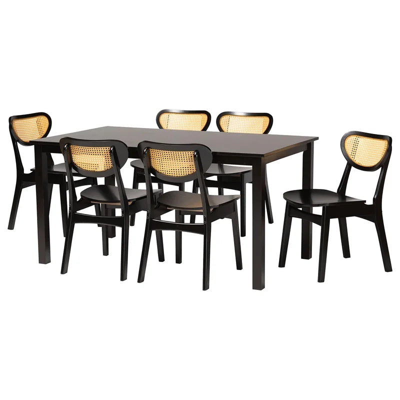Dark Brown Wood and Woven Rattan 7-Piece Dining Set N415790