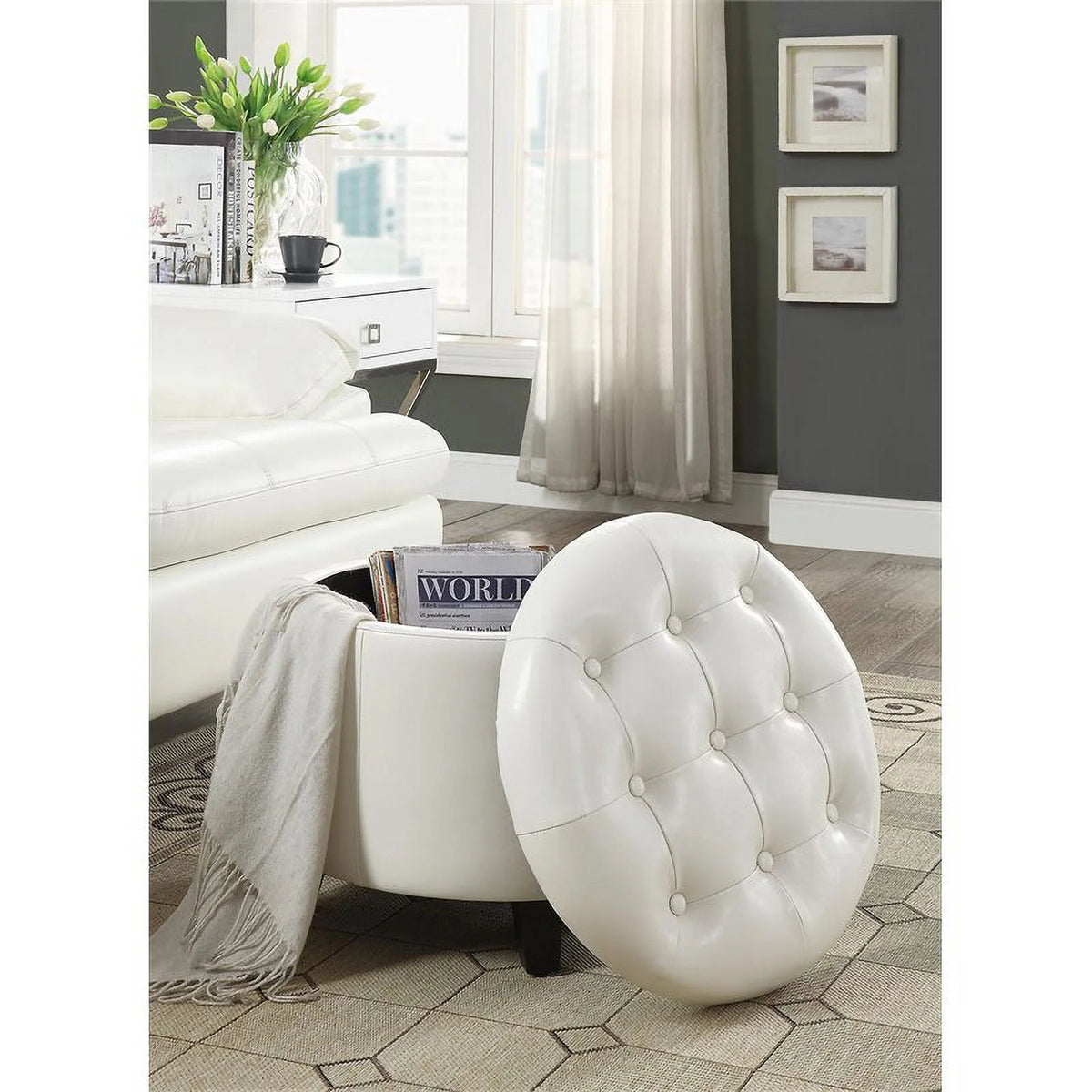 Modern Round Ottoman in Ivory Faux Leather S251