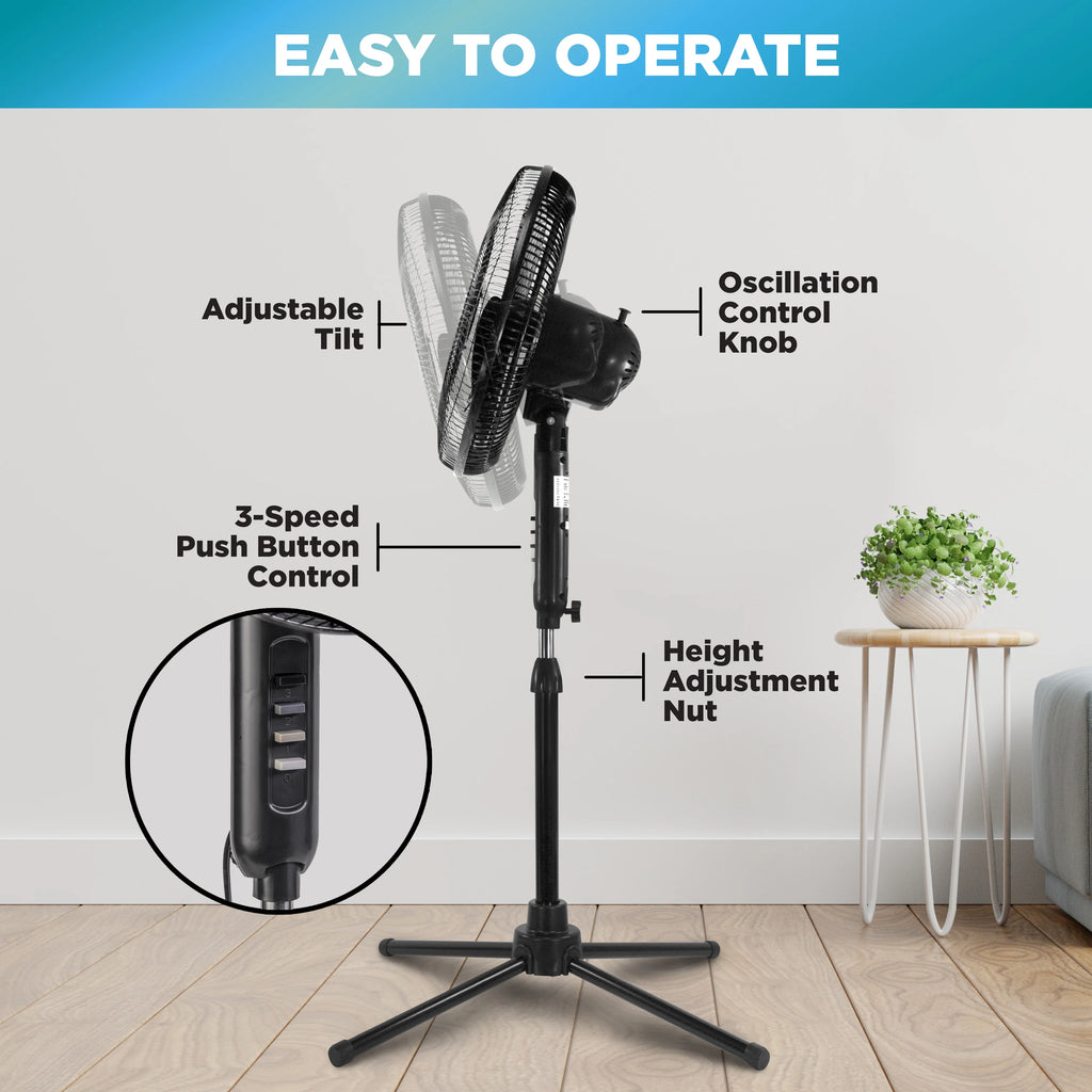 16” Oscillating Pedestal Fan, 3-speed, Adjustable Height and Tilt, Black K884