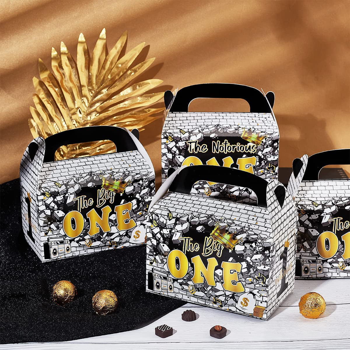 Black Gold 1st Birthday Treat Boxes with Handle X12522