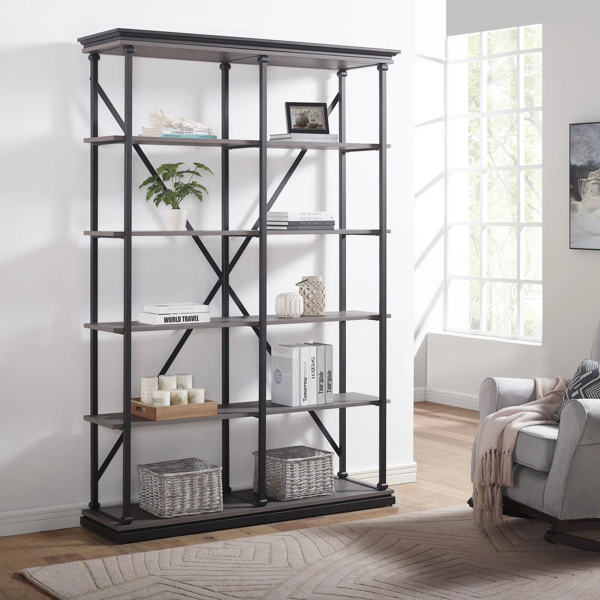 Antique Gray Wood 4-shelf Open Bookcase B83833