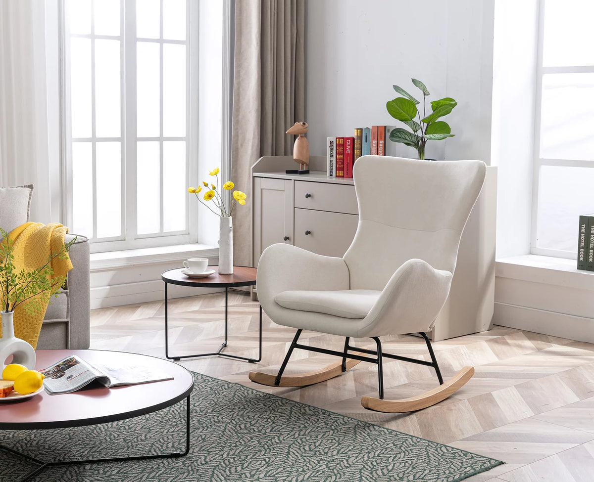 Cream Linen Wingback Rocking Chair O963