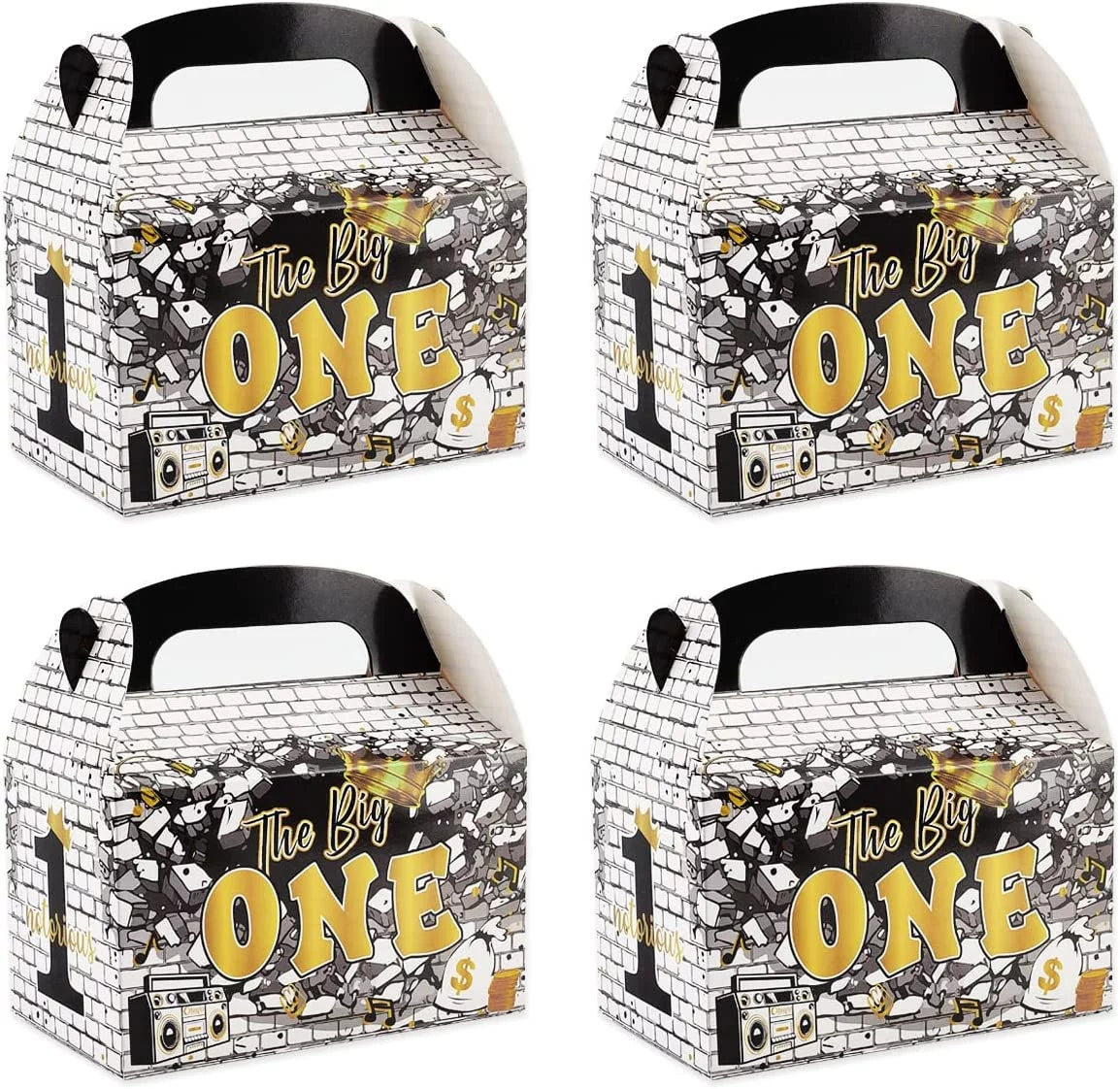 Black Gold 1st Birthday Treat Boxes with Handle X12522