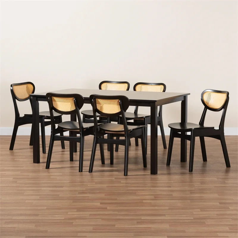 Dark Brown Wood and Woven Rattan 7-Piece Dining Set N415790