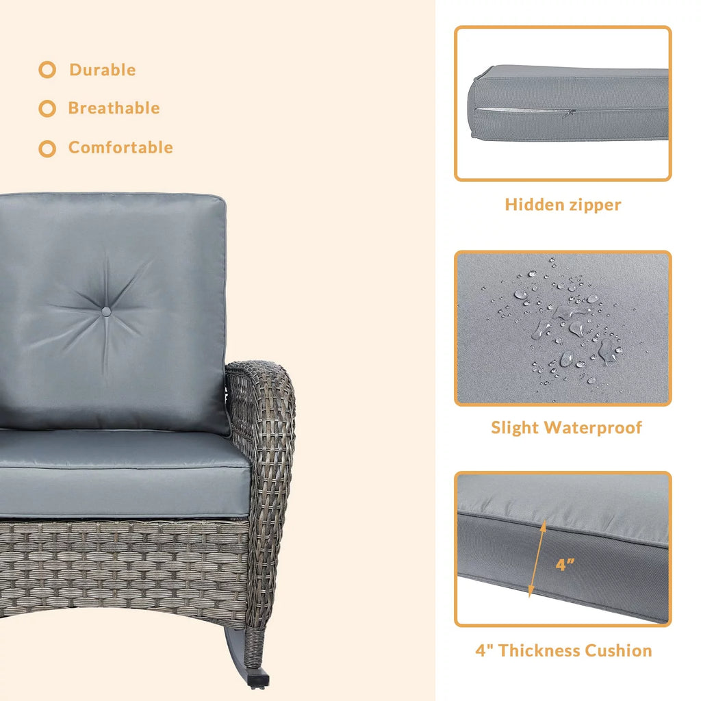 3 Pieces Rattan Patio Rocking Chair Set with Cushions and Glass-Top Coffee Table T14374