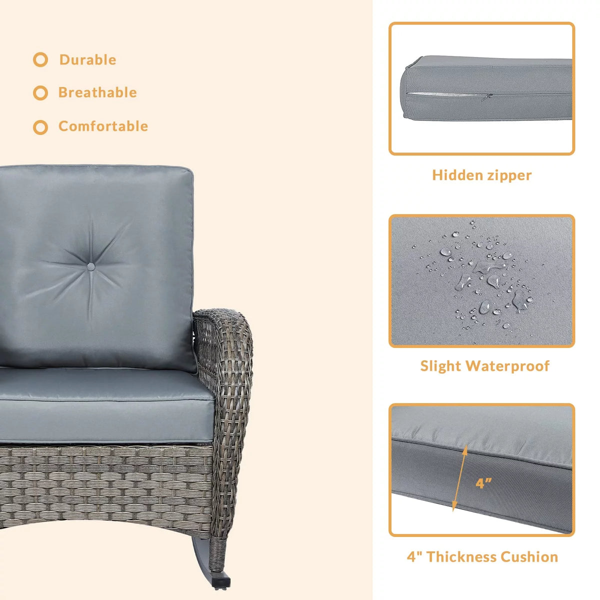 3 Pieces Rattan Patio Rocking Chair Set with Cushions and Glass-Top Coffee Table T14374