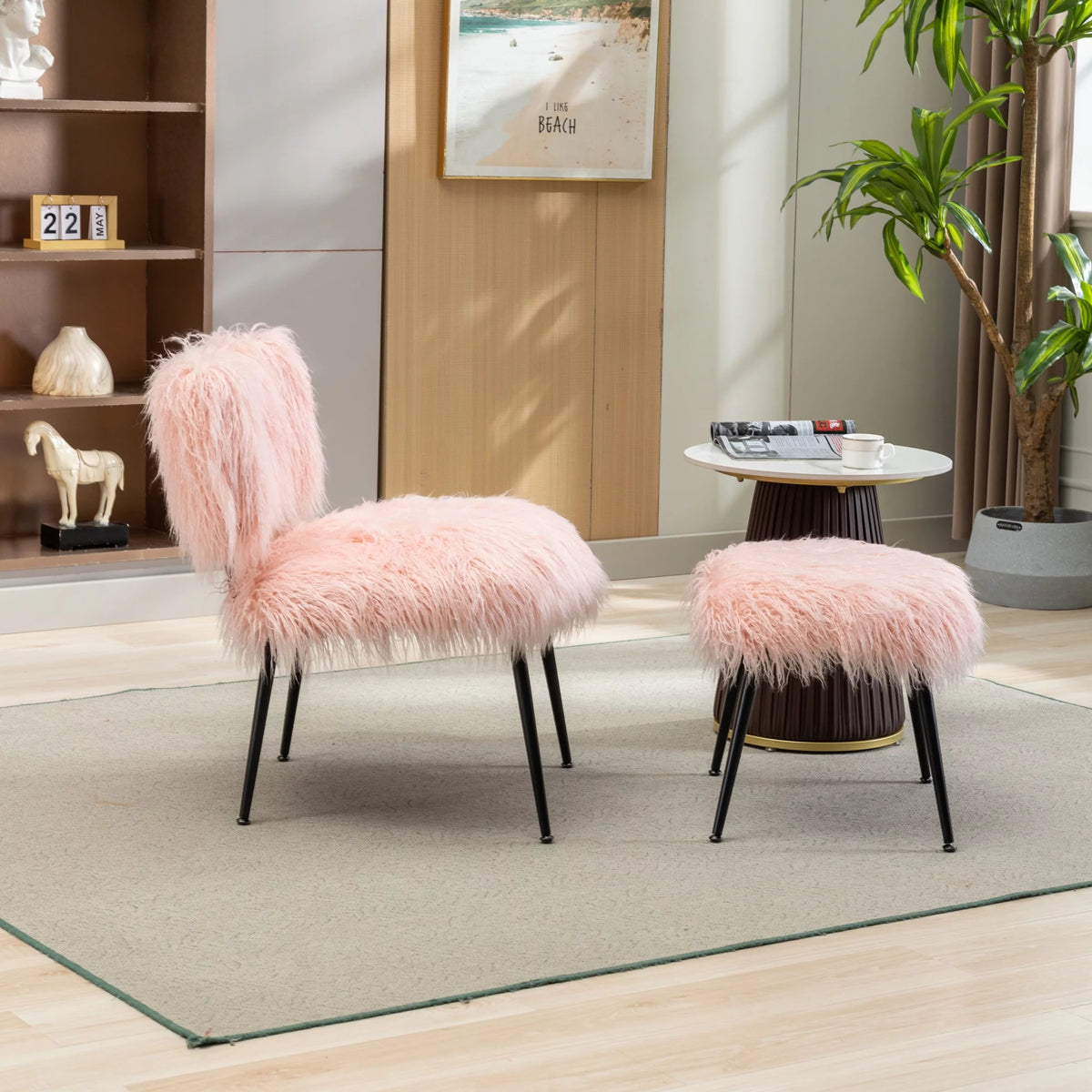 Pink Faux Fur Plush Accent Chair with Ottoman M84868