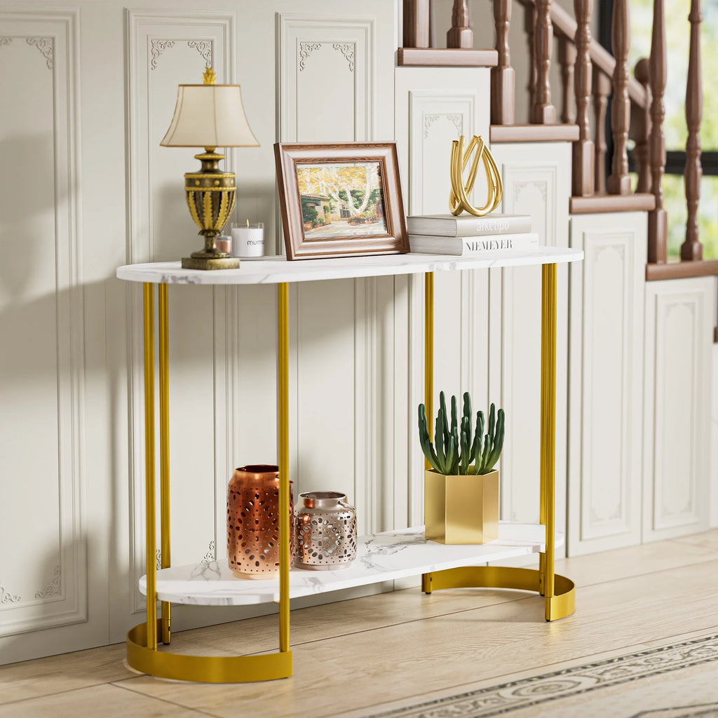 White Marble Pattern 2-Tier Console Table S918