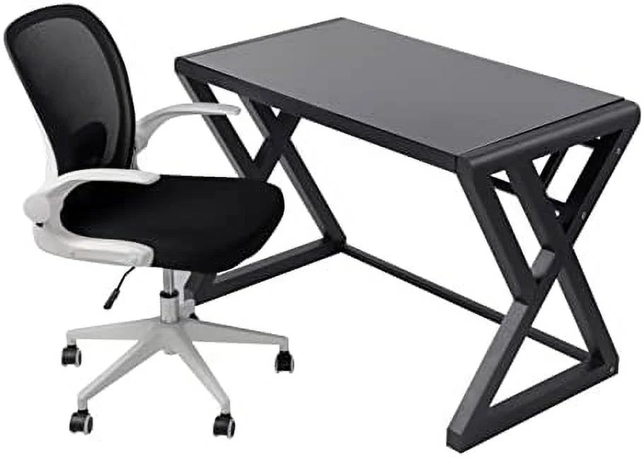 Home Office Desk and Chair Set Breathable Mesh Computer Chair Glass Top Desk Metal Frame O78234