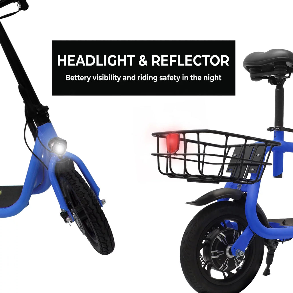 Blue Foldable Electric Scooter with Seat and Carry Basket H36444