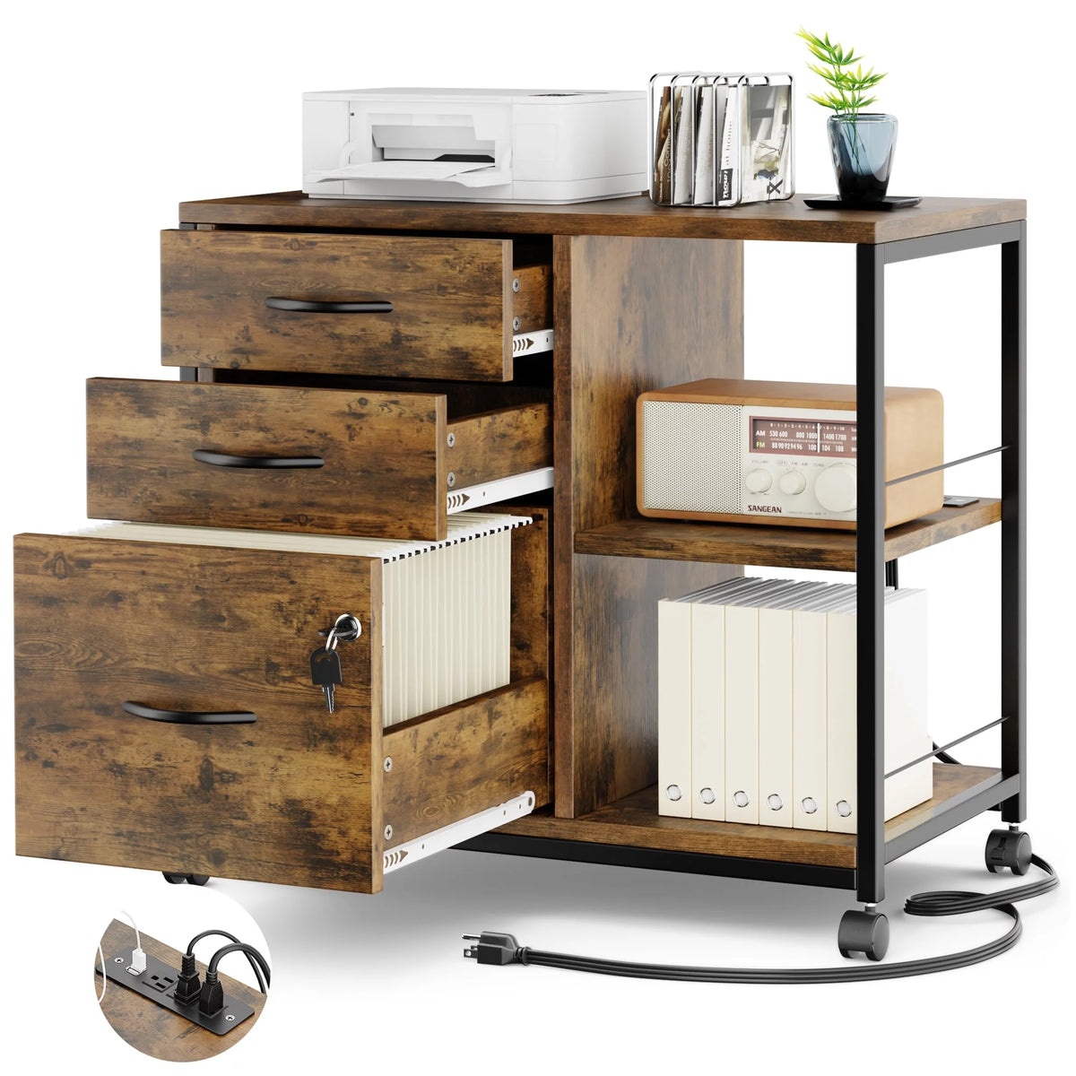 Brown 3 Drawer Wood File Cabinet with USB Charging Ports B742