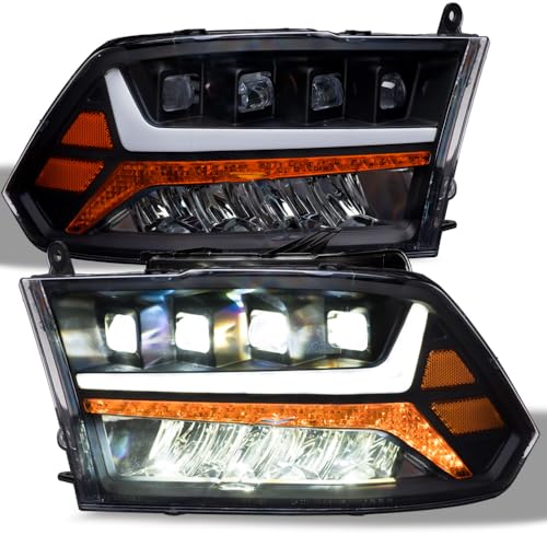 Compatible With Dodge Ram 1500 2500 3500 Black Housing Full LED Sequential Quad Projector Headlights With Amber Reflector F116