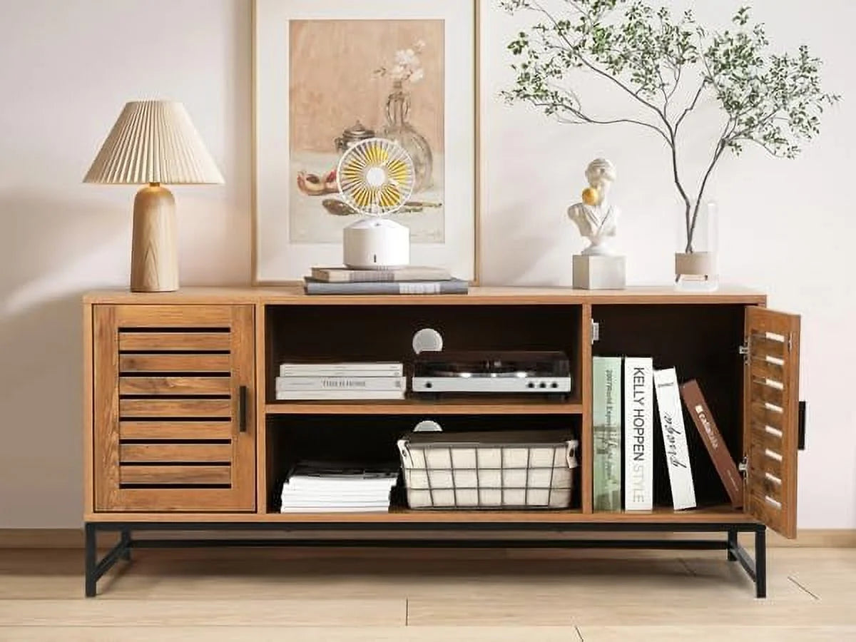 Mid-Century TV Console up to 55 Inch with Slatted Wood Doors B948