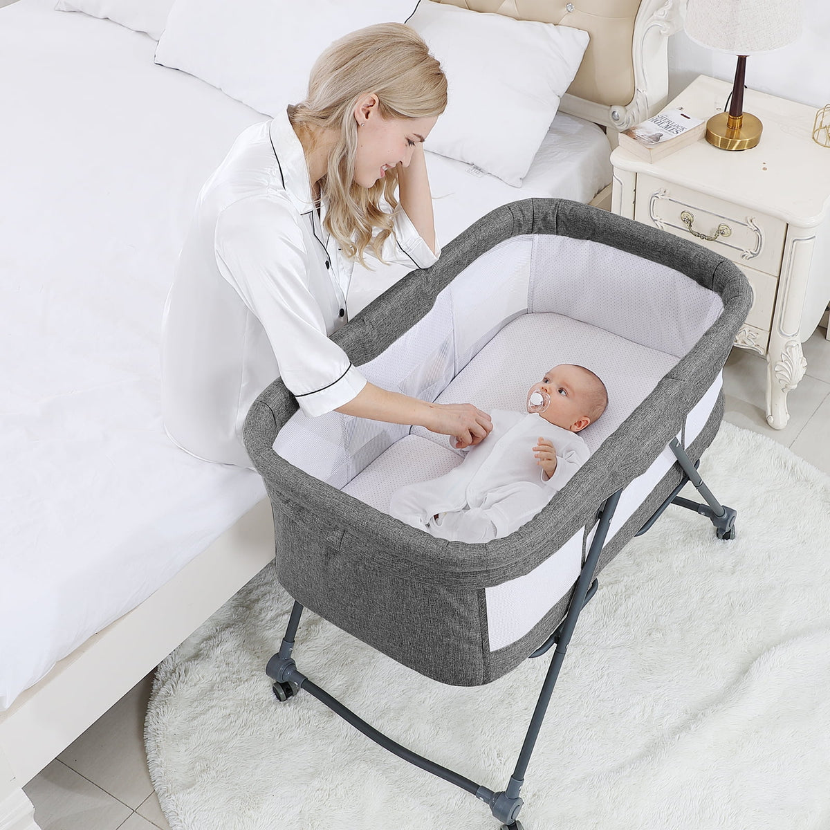 Gray Bedside Bassinet with Wheels H2152