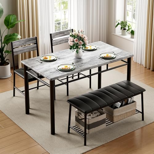 Gray Dining Table Set for 4 with Upholstered Bench and 2 Chairs G417