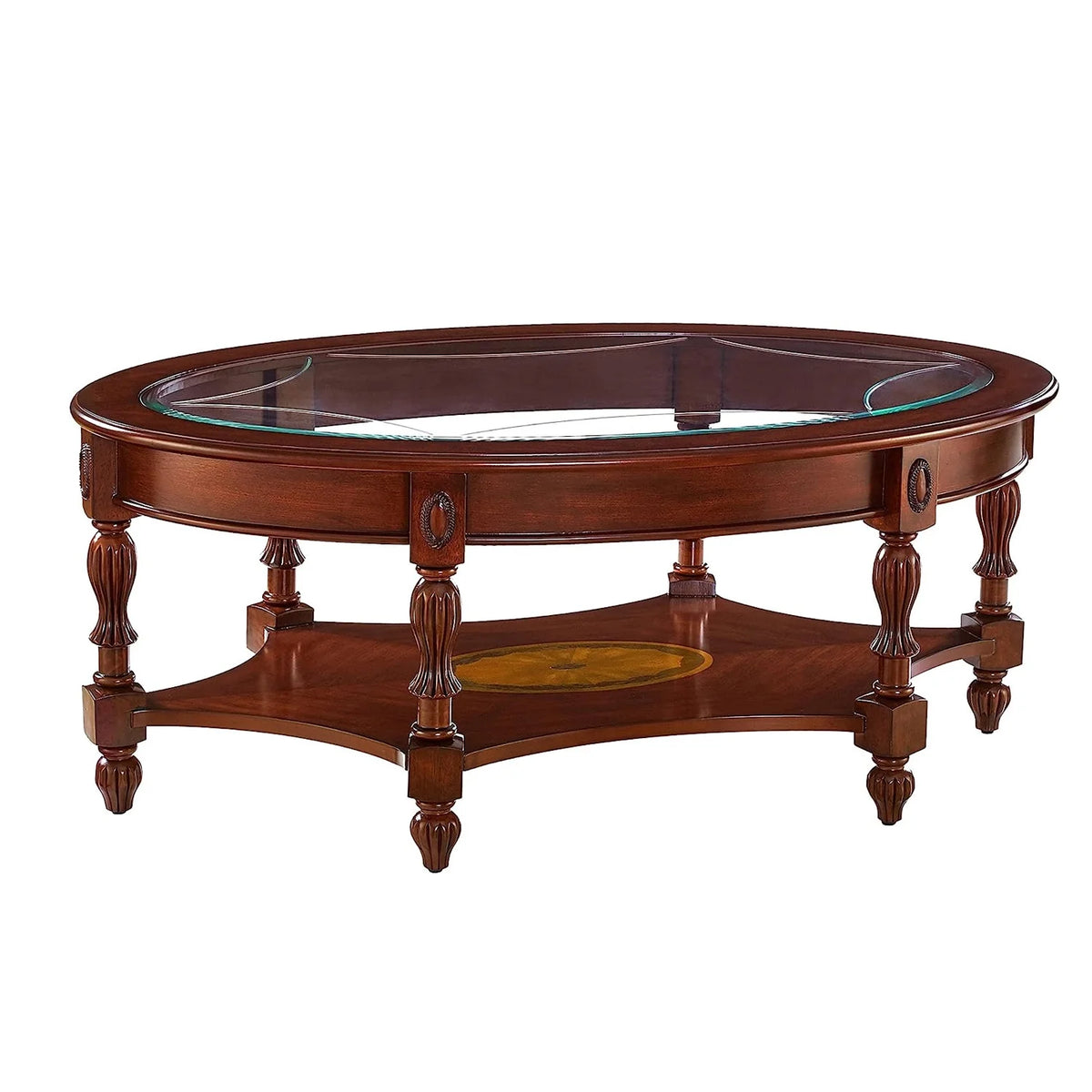 Oval Glass 2-Tier Solid Wood Coffee Table with Storage Shelf D5990