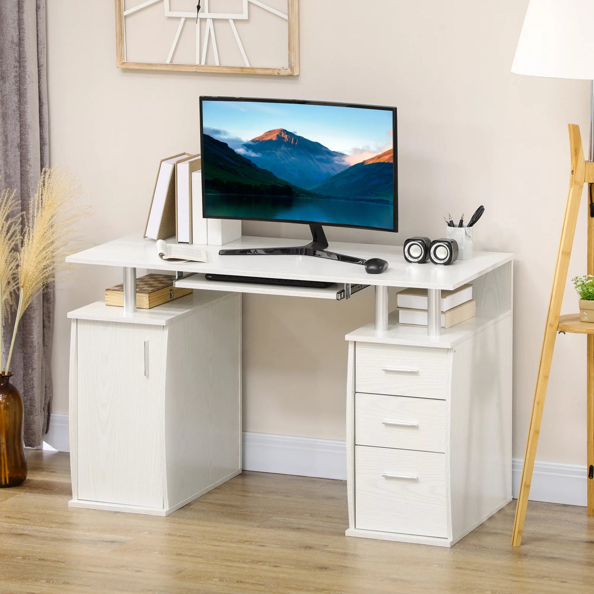 47" White Computer Desk with Keyboard Tray and Storage Drawers S74412
