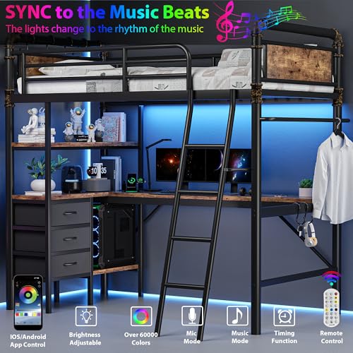 Twin Size Heavy Duty Metal Loft Bed with L-Shaped Desk, LED Lights, Charging Station, 3 Storage Shelves and 3 Fabric Drawers, Safety Guard & Ladder N486326