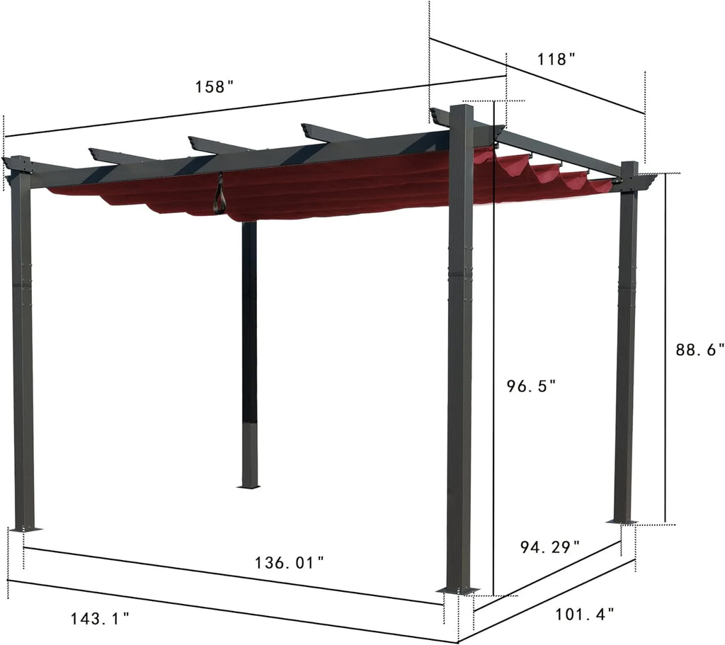 Extra-Large Gray Aluminum Frame Pergola with Sunshade Canopy 10' x 13' Burgundy J74822