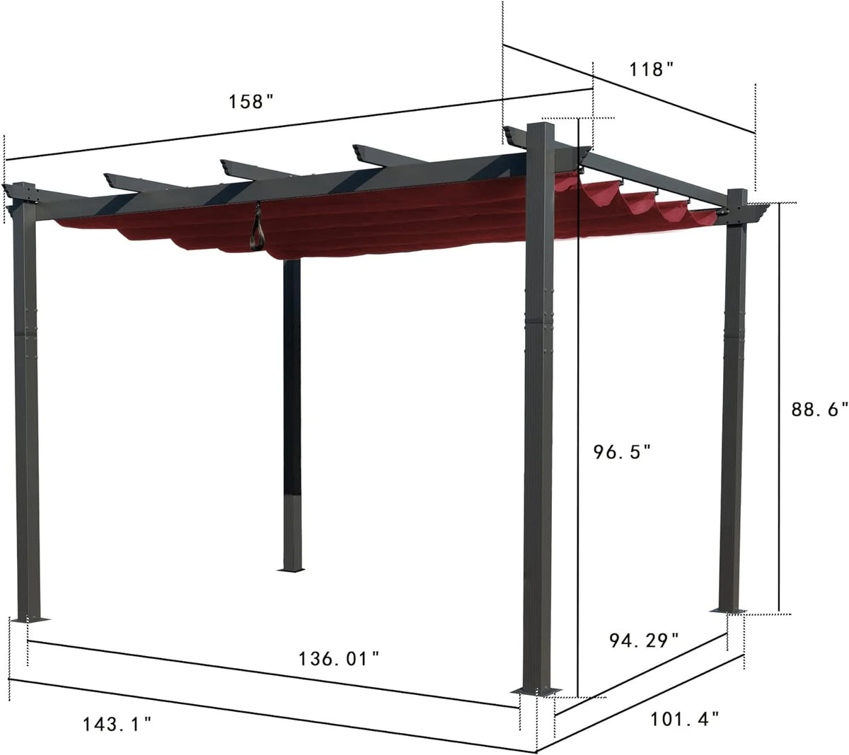 Extra-Large Gray Aluminum Frame Pergola with Sunshade Canopy 10' x 13' Burgundy J74822