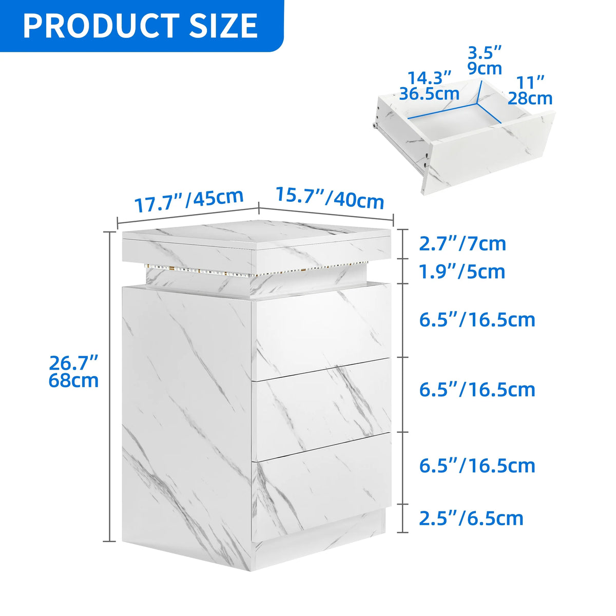 Set of 2 3 Drawer LED Nightstand D334357