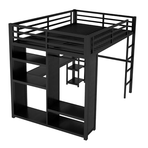 Queen Size Metal Loft Bed with Wardrobe and L-Shaped Desk H5173