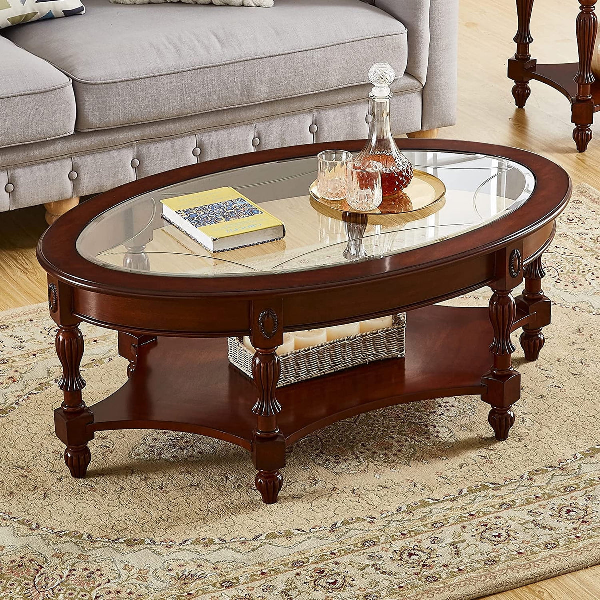 Oval Glass 2-Tier Solid Wood Coffee Table with Storage Shelf D5990