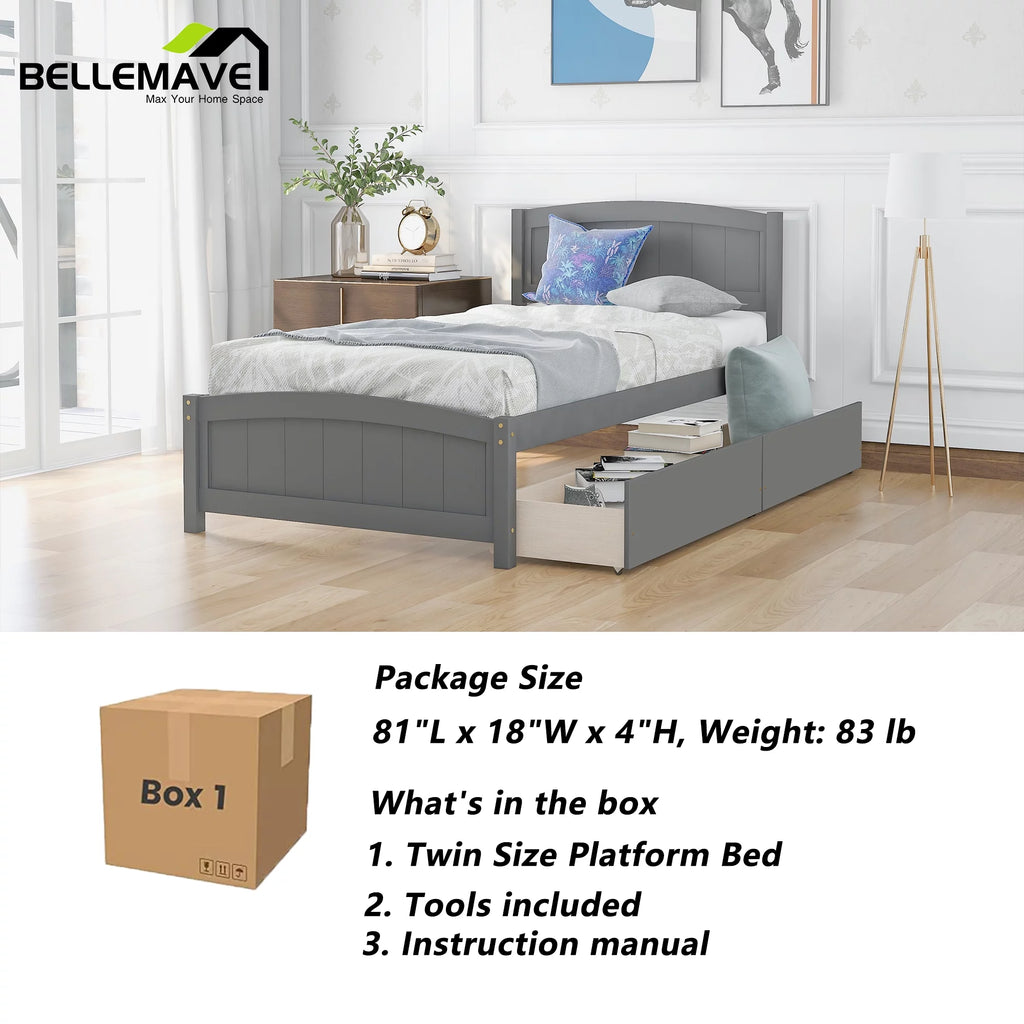 Twin Size Platform Bed Frame with Storage Drawer and Headboard G399