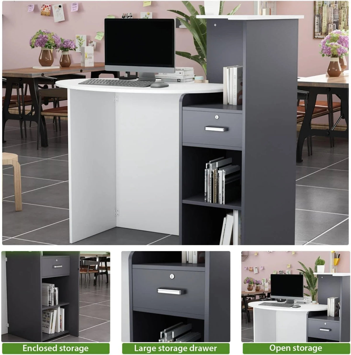 White and Dark Grey Reception Desk with Lockable Drawer E703621