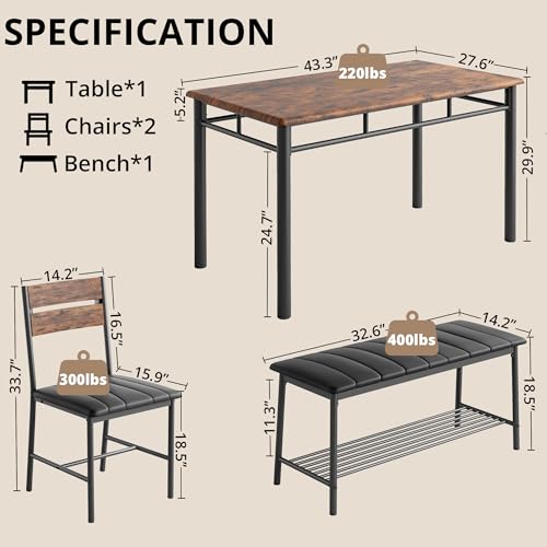 Gray Dining Table Set for 4 with Upholstered Bench and 2 Chairs G417
