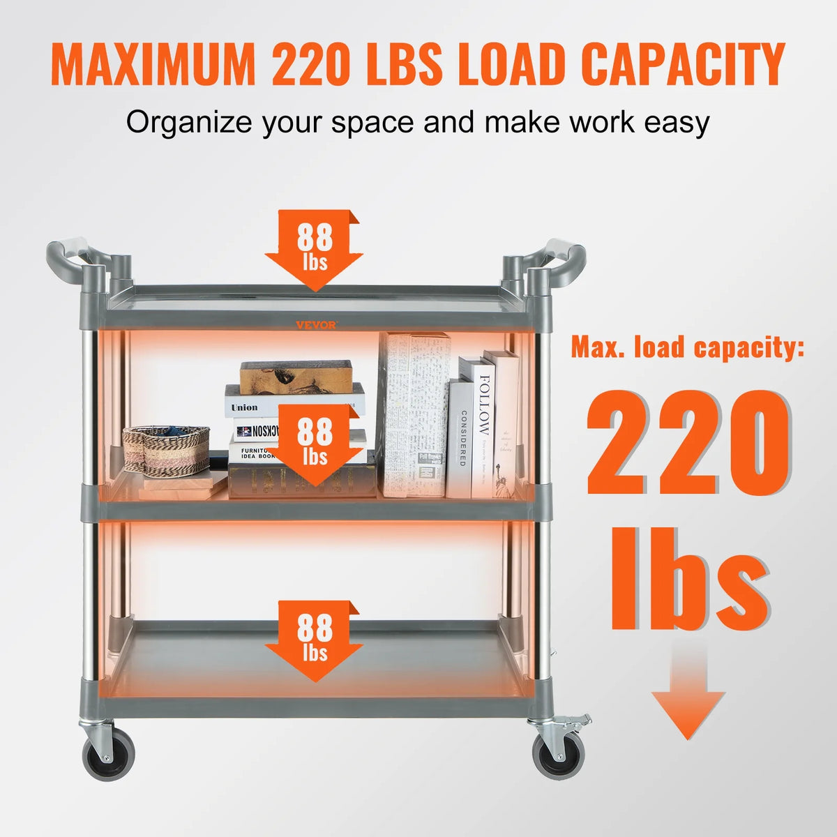 3-Tier Utility Service Cart with Wheels 220lbs Capacity J778