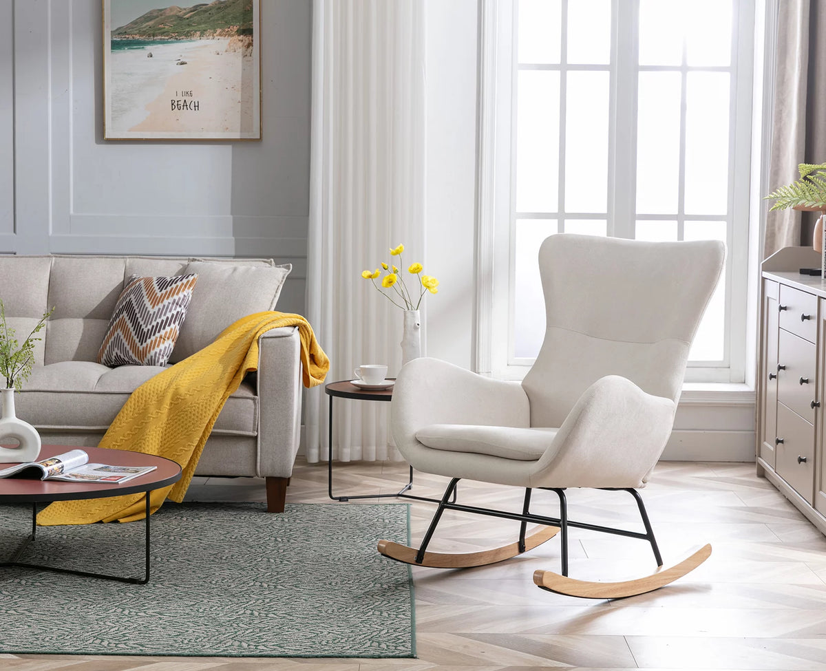 Cream Linen Wingback Rocking Chair O963