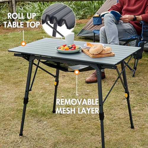 Folding Portable Camping Table with Adjustable Height Aluminum Roll Up Top D6339