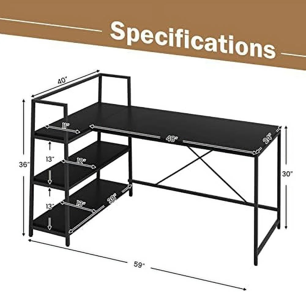 Reversible L-Shaped Corner Desk with 3-Tier Shelves I611602