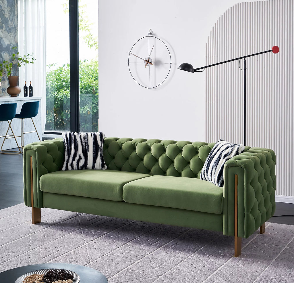 Green Tufted Velvet Sofa with 2 Pillows, 84 inches W832338