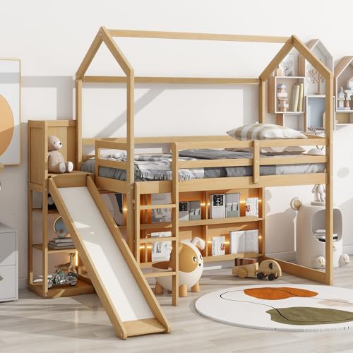 Twin Size Wood Loft Bed with Slide and Storage Shelves C6336