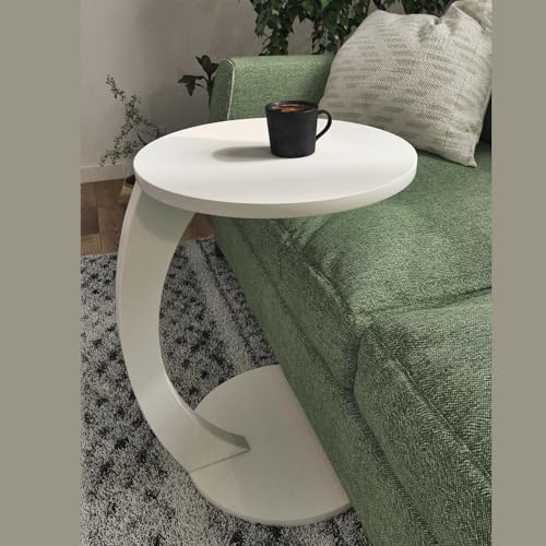 White Faux Marble Round C Shaped End Table with Wheels S503