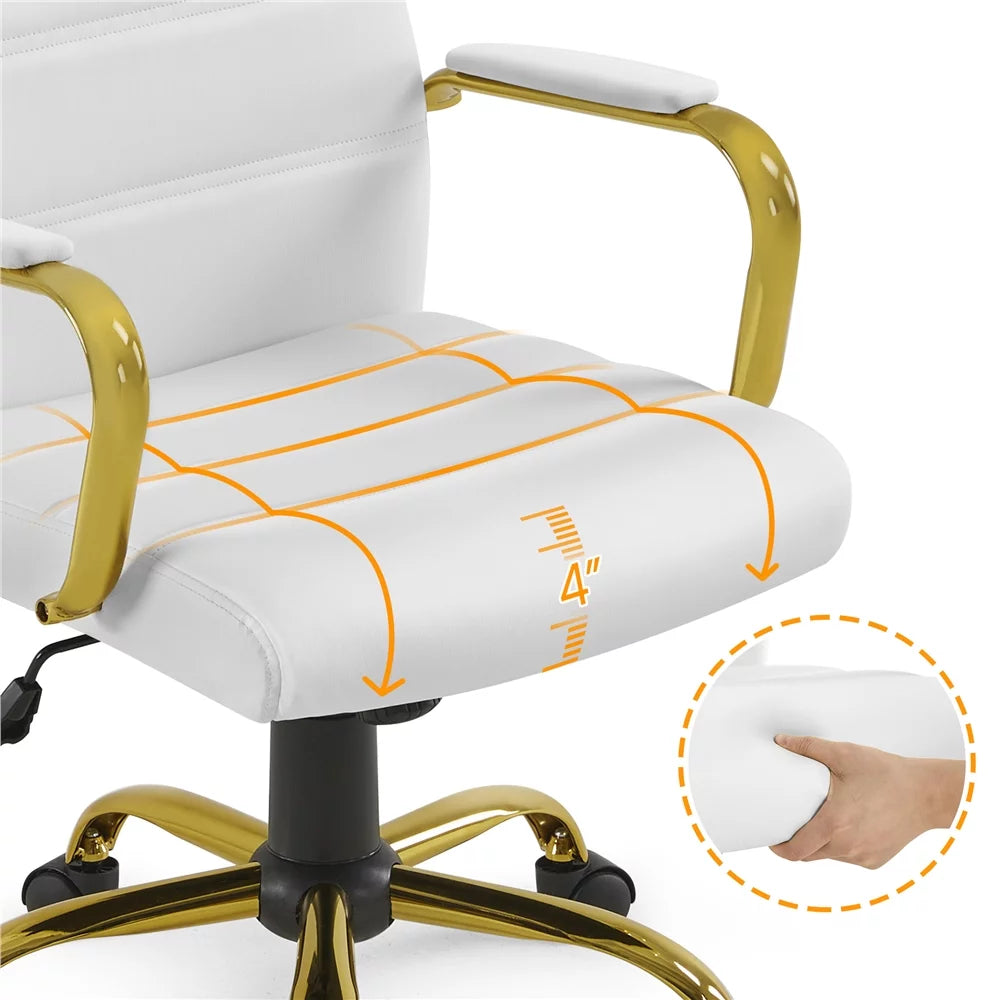 White Mid-Back Swivel PU Leather Office Chair with Gold Frame X20811