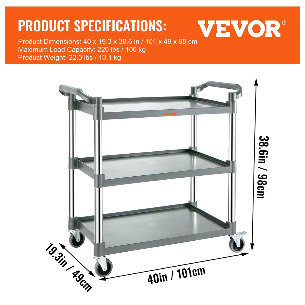 3-Tier Utility Service Cart with Wheels 220lbs Capacity J778