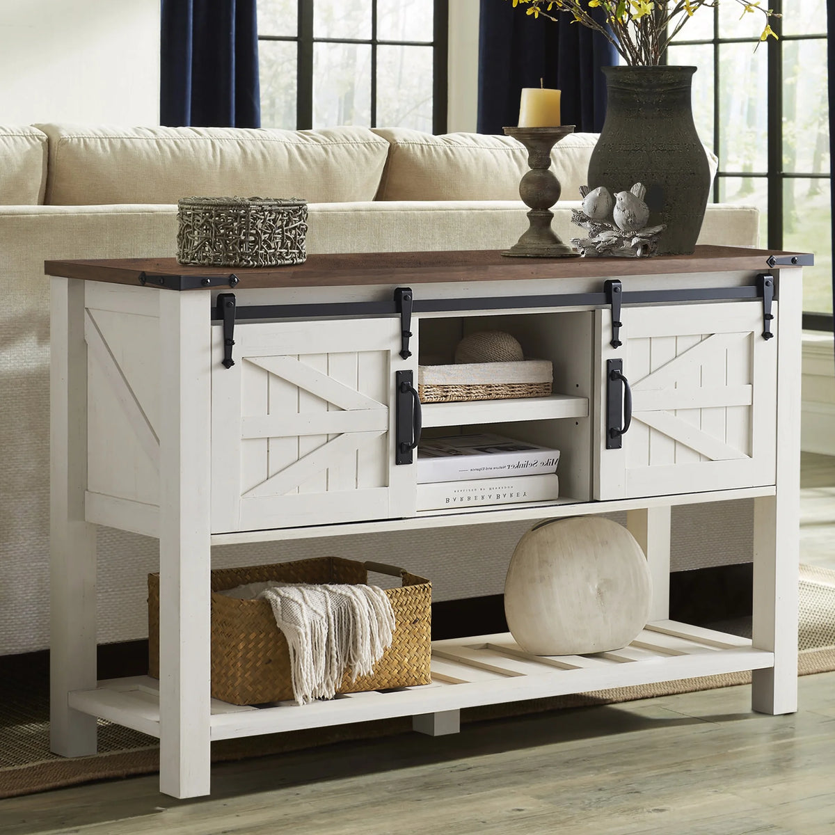 Antique White Wood Metal Entryway Table with Sliding Barn Doors Q80455