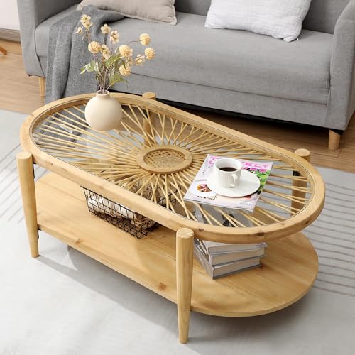 2-Tier Round Rattan Coffee Table with Tempered Glass Top and Wood Legs Y5215