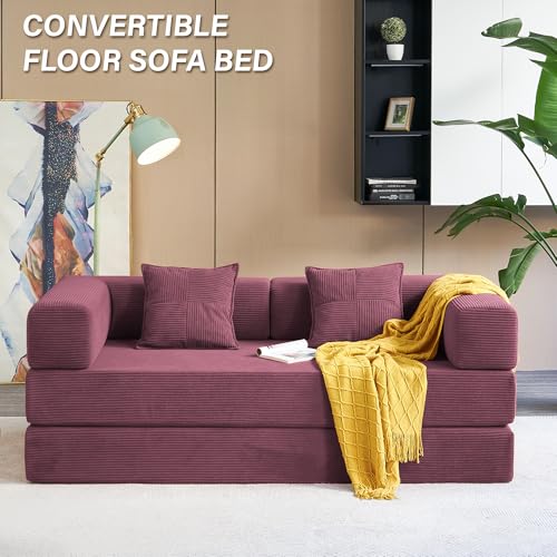 Foldable Sofa Bed, 81'' Folding Floor Couch, Compressed Convertable Sleeper Sofa, Memory Foam Couch with Pillow Back Support Armrest, 4-in-1 Futon Sofa Bed for Living Room, Black L6313
