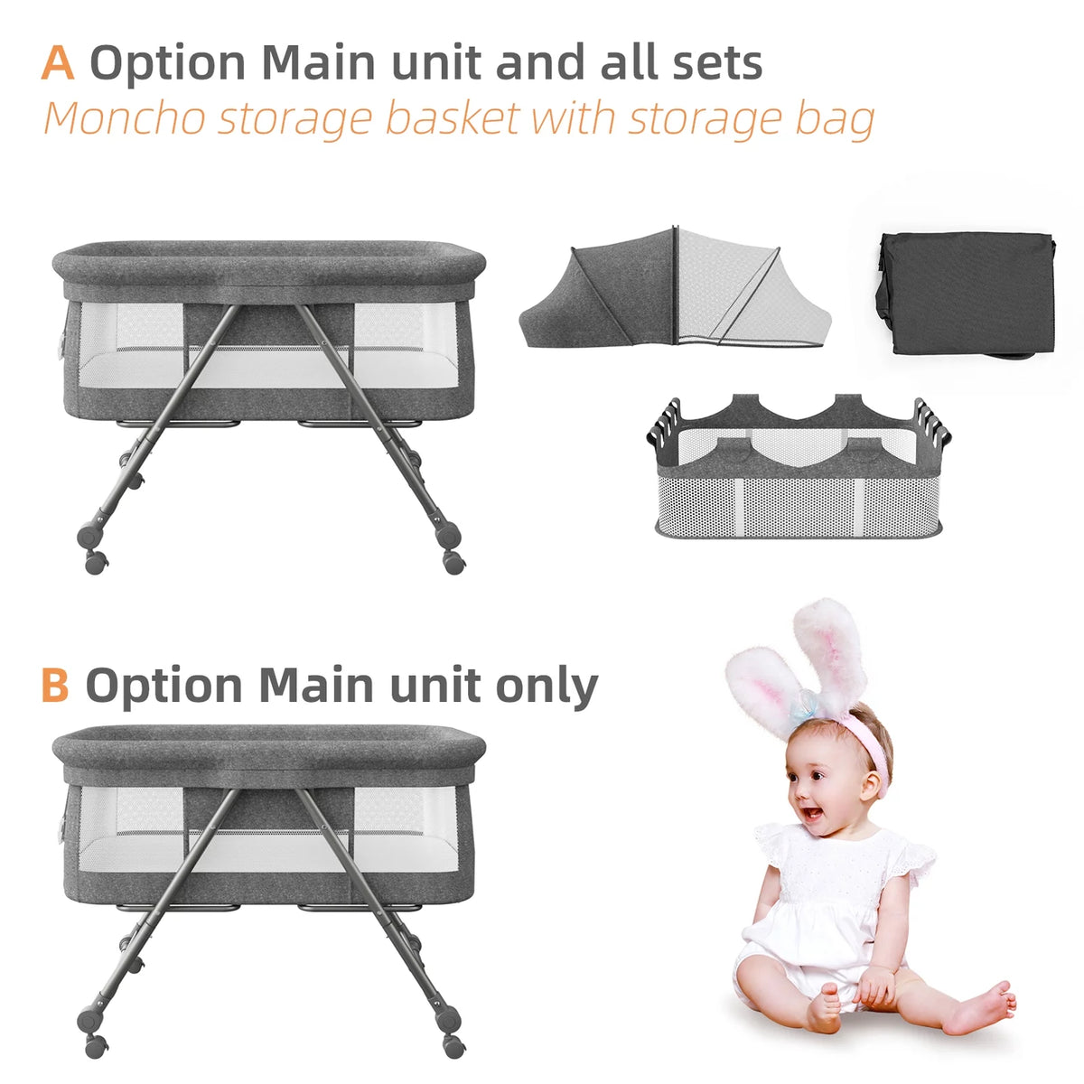 Gray Bedside Bassinet with Wheels H2152
