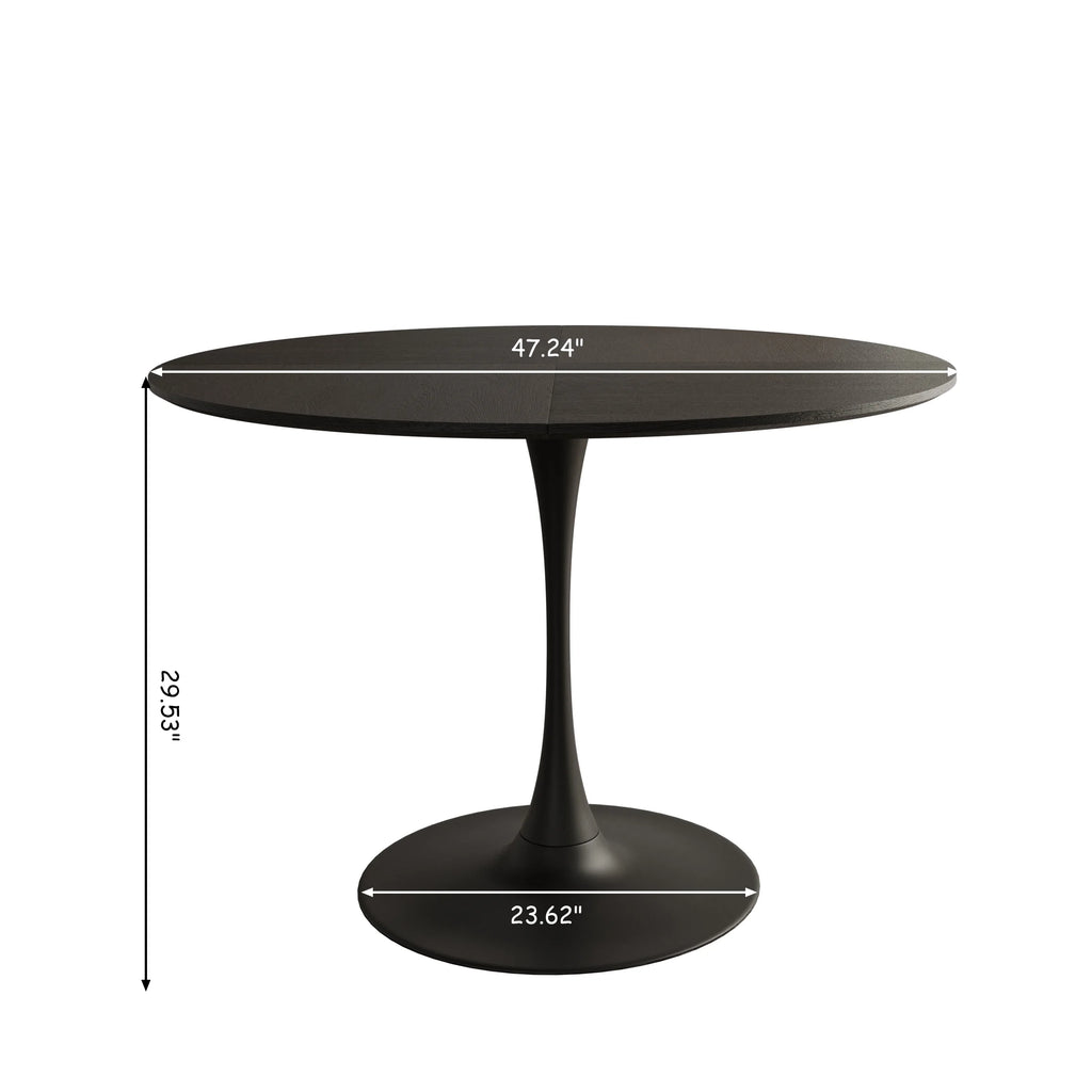47.24" Round Dining Table with Black Solid Wood Grain Top and Metal Base Q378