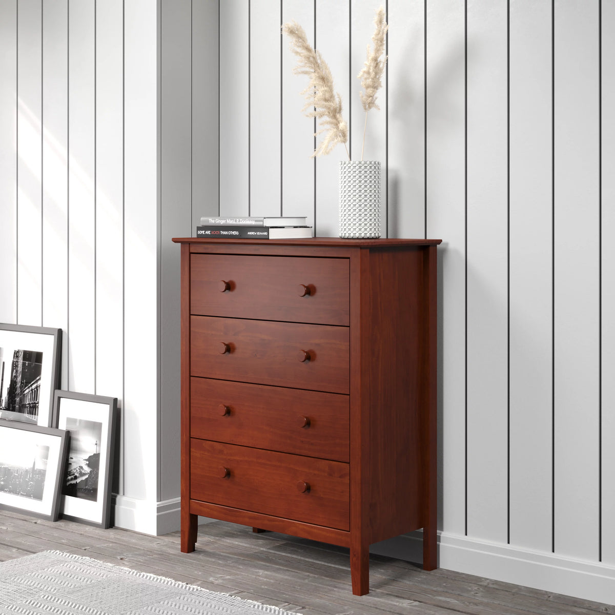 Solid Wood Four Drawer Chest of Dressers Pecan Q878